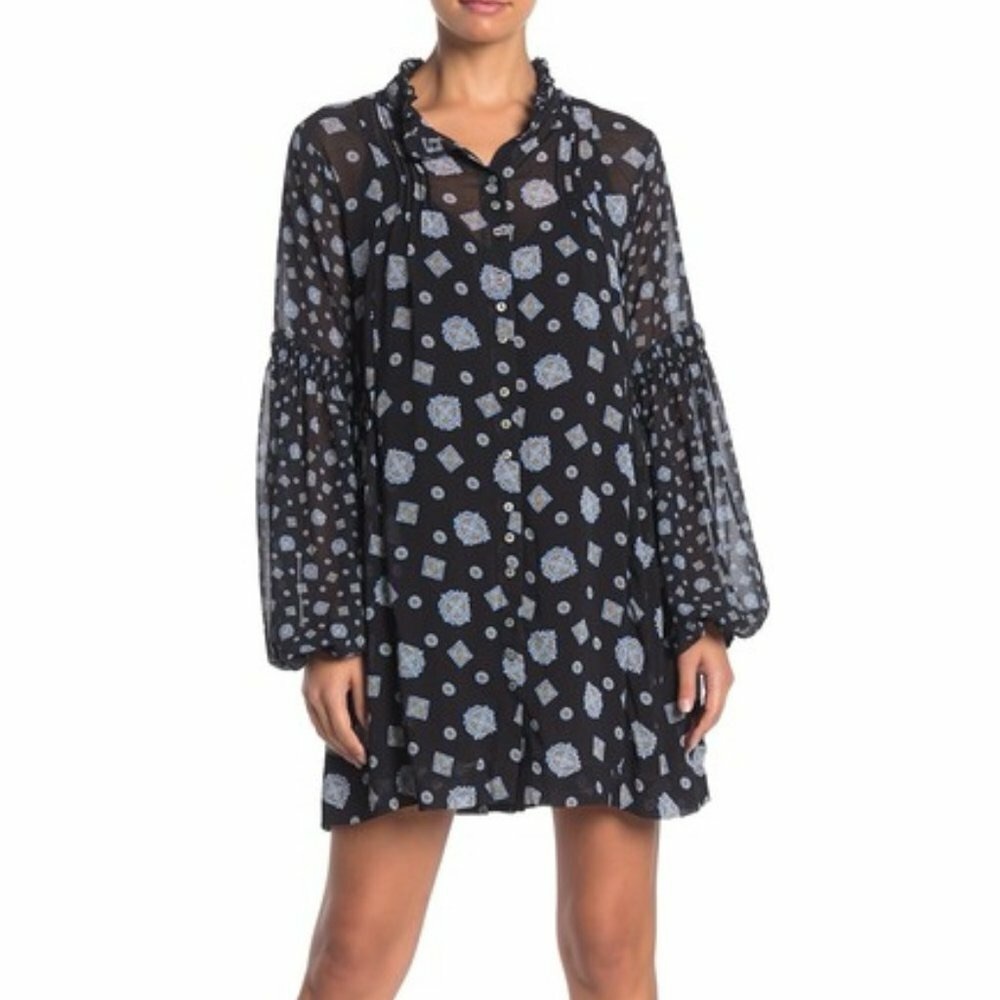 FREE PEOPLE Medallion Print Turn Turn Relaxed Fit Long Sleeve Mini Dress Size S - Picture 2 of 7